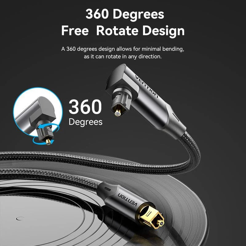 Vention Fiber Optic 360° Right Angle Male to Male Hifi Braided Audio Cable S/PDIF and Toslink Compatible with Gold Plated Plugs for Monitor TV Speaker Amplifier Game Console