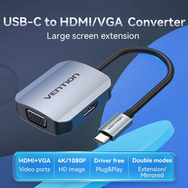 Vention 4K UHD USB Type C to VGA + HDMI Video Converter (Plug & Play) for Windows MacOS Linux  Android Computers Laptops PC Mobile Phones Display Monitors Projectors Smart TV