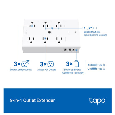 TP-Link TAPO P306 9 in 1 SMART WIFI Outlet Extender with PD 18W USB Type-C and QC 3.0 USB-A Ports, Smart Night Light, Voice Control and Remote Controlled via Mobile App