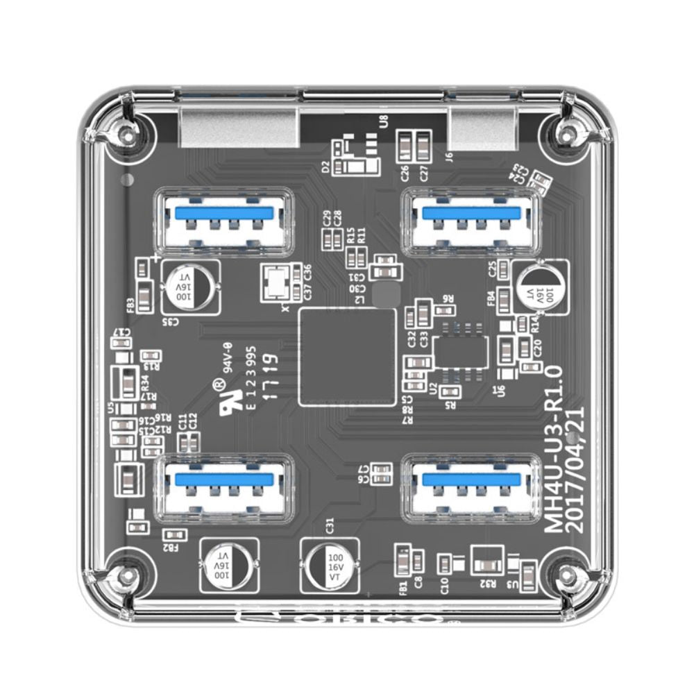 ORICO 4-Port USB 3.0 Transparent Hub with Power Supply, 5Gbps Speed, and Support for Windows, macOS, and Linux for PCs, Desktop Computers, and Laptops - USB Hubs and Docking Stations