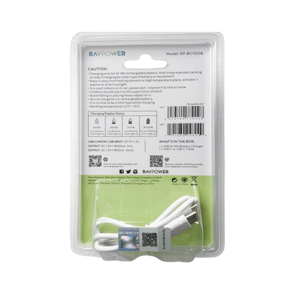 RAVPower 1.2V AA Ni-MH Rechargeable Battery 2500mAh (4pcs) and 4-Slot Charger with Micro USB & Type C Charging Ports for Cameras, Remote Controllers, Wall Clocks, Home Doorbells, Flash Lights, etc.