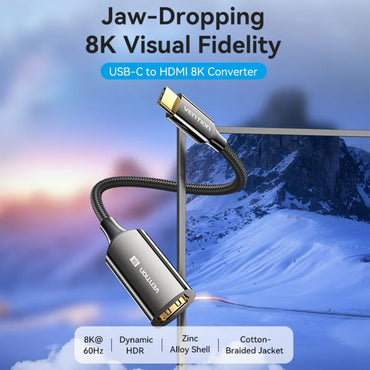Vention 8K HDR USB Type C Male to Female HDMI Video Converter with Cotton Braided Cable and Gold Plated Connectors for Desktop Computer Laptop Mobile Phone Tablet to Smart TV Display Monitor Projector