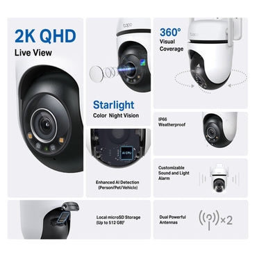 TP-Link Tapo 520WS 2K QHD Smart AI WIFI CCTV Camera with 360° Pan / 130° Tilt, Starlight Color Night Vision, IP66 Weatherproof, Sound and Light Alarm, Motion Tracking and MicroSD Slot for Home Security