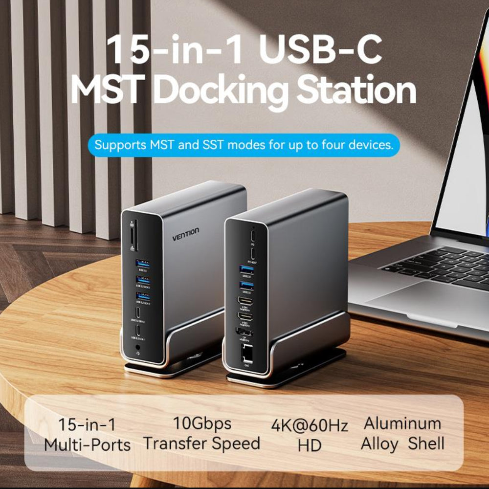 Vention 15-in-1 USB-C MST Multi-Interface Docking Station with 4K 60Hz DP HDMI Video Port, 10Gpbs 5Gbps USB Hub, SD TF Memory Card Reader, PD 100W Type C Charging Dock, and 3.5mm TRRS Microphone & Headphone Jack for Computers & Laptops