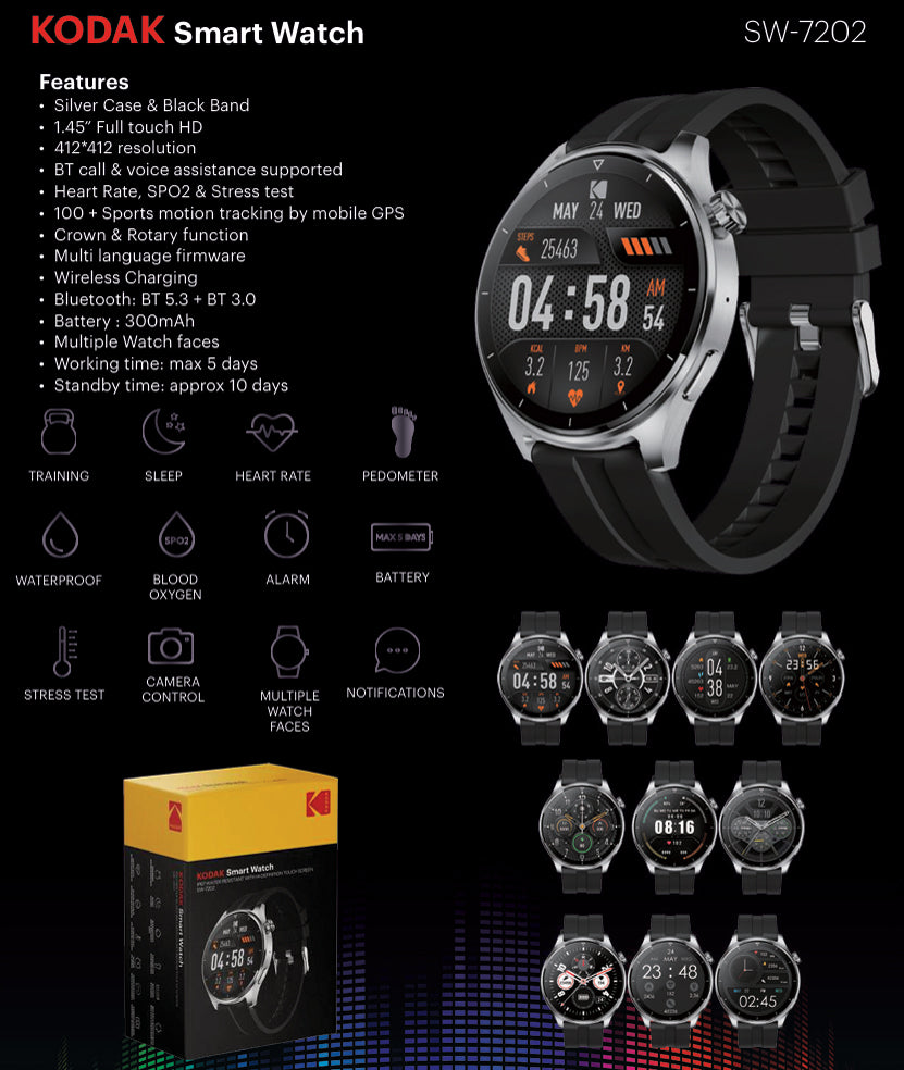 KODAK SW-7201 / SW-7202 Smart Watch IP67, Bluetooth 5.3, 1.45" Curved HD Full Touch Screen, 300mAh Max 5 Days Battery Life, Mobile GPS, Health Monitoring, Preloaded Watch Faces and Android iOS Compatible | Black, Silver