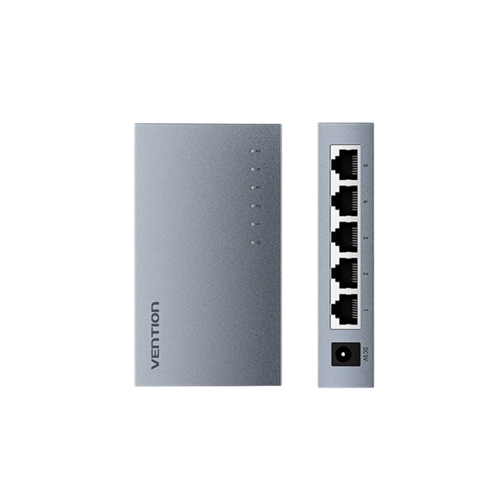Vention 5-Port 1000Mbps Fast Ethernet RJ45 LAN Network Switch with 5V DC Power Output and Dual Side Ventilation – Plug & Play for Computer, Desktop, PC, TV, CCTV, Game Consoles, Modem, and Router