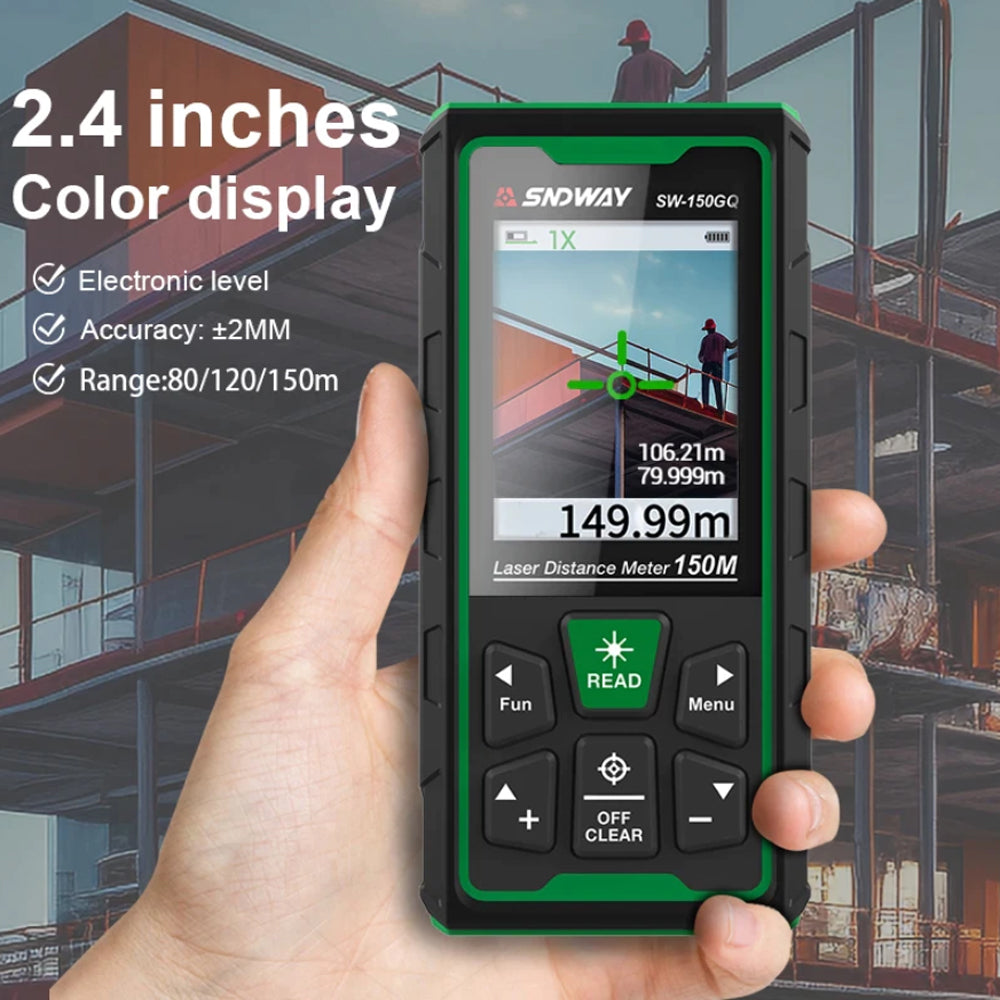 SNDWAY SW-150GQ Outdoor Green Beam Laser Distance Meter Digital Rangefinder with 3MP Camera, 150m Max Distance, IP68 Water and Dust Resistant, 2000mAh Rechargeable Battery, 90° Electronic Level Angle Sensor for Length Area Volume