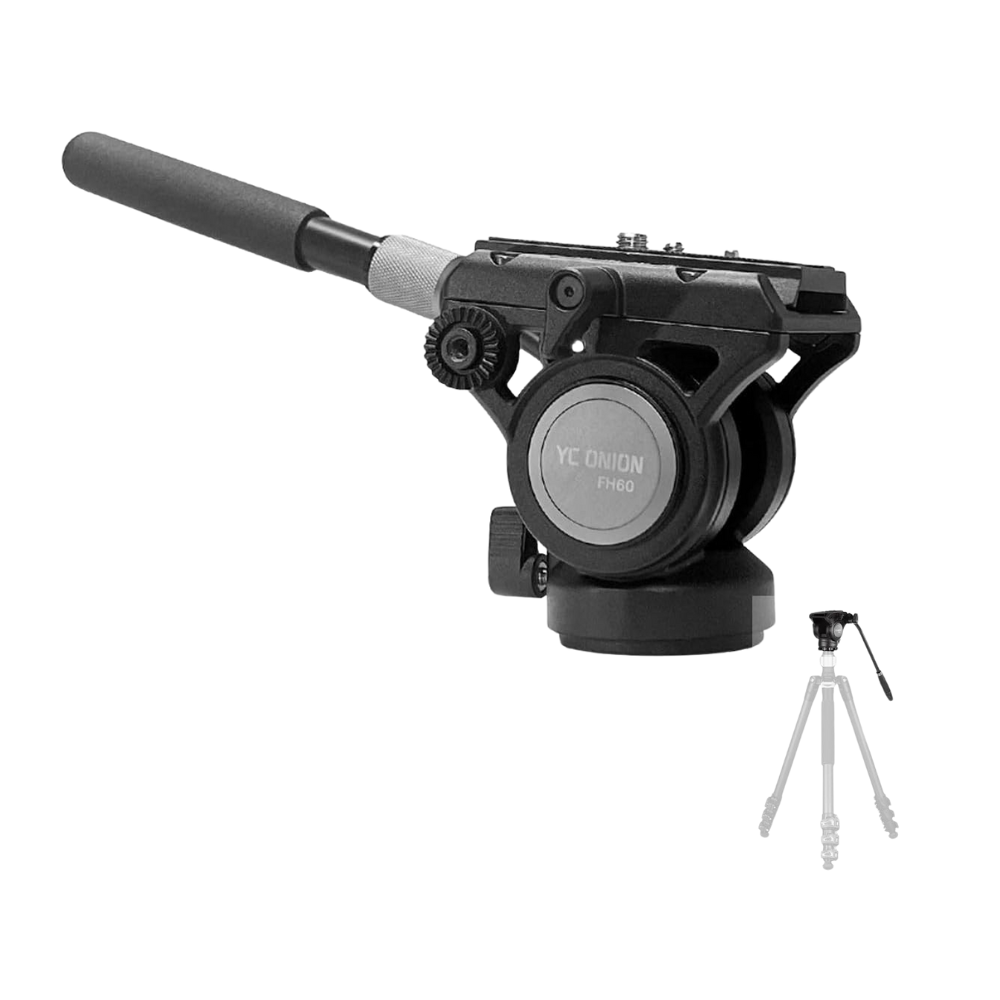 YC ONION FH60 Professional Aluminum Fluid Head with 6kg Max Load Capacity, 1/4" ARRI Mount, QR Plate with 1/4" / 3/8" Screw Pins, Bubble Level, High/Low Angle Tilt Range, Extendable & Reversible Handle for Photography & Video Recording