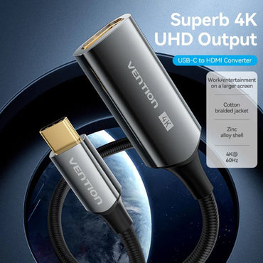 Vention 4K UHD USB Type C Male to Female HDMI Video Converter with Cotton Braided Cable and Gold Plated Connectors for Desktop Computer Laptop Mobile Phone Tablet to Smart TV Display Monitor Projector