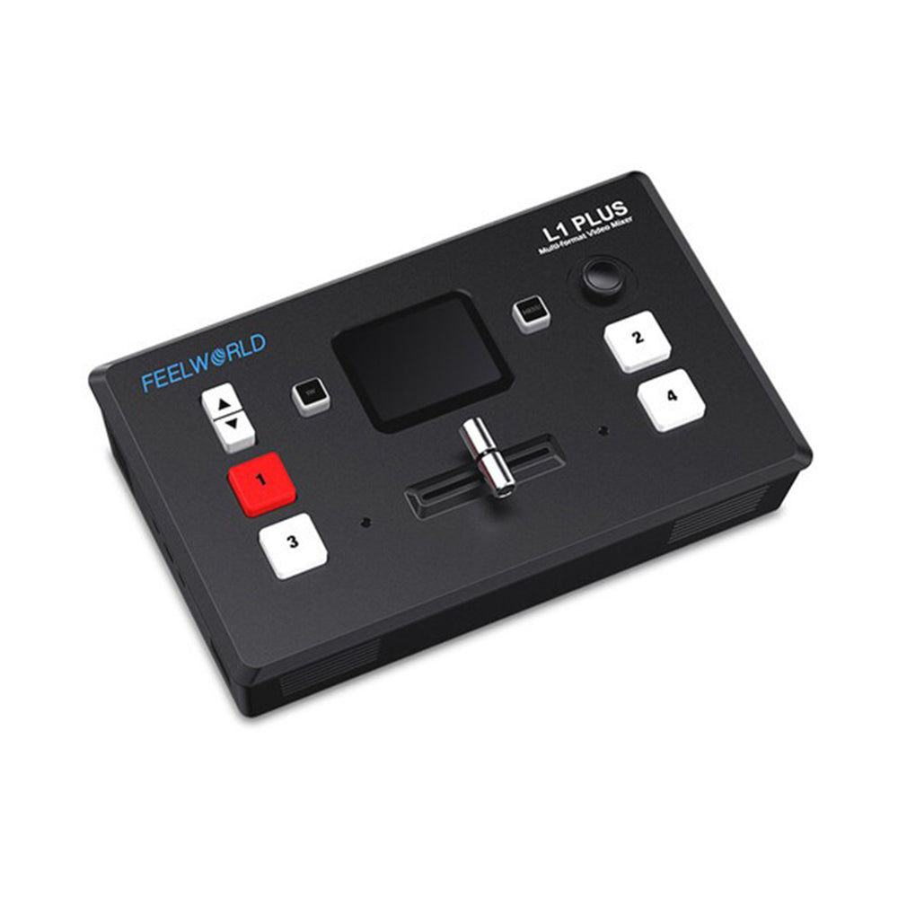 FEELWORLD L1 PLUS Multi-Camera Video Mixer Switcher with 4 HDMI Inputs, 4K 60Hz Support, 2" Touch Screen, PTZ Camera Joystick Control, USB 3.0 Interface, Audio Port, and RJ45 LAN Connection for Live Streaming, Broadcast, and Conferencing