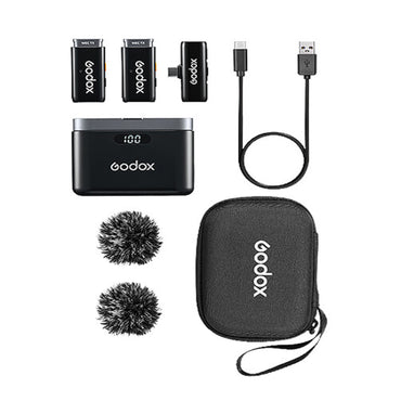Godox WES2 Dual TX + RX 2-Person Wireless Clip-On Lavalier Microphone Kit System Omnidirectiol with Dual Channel USB Type-C Receiver, 200m Max Range, 1400mAh Charging Case, iOS / Android App Controls for Vlog Vlogging, Interviews | WES2 KIT2