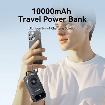 Vention 10000mAh Power Bank 15W Magnetic Wireless Charging Built-in USB-C and iPh Cable includes EU/US/UK AC Convertible Adapters with Airline-Approved for Travel