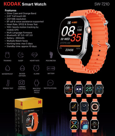 KODAK SW-7210 Smart Watch IP68, Bluetooth 5.3, 2.01" HD Full Touch Display, 260mAh Max 5 Days Battery Life, Mobile GPS, Health Monitoring, Multiple Watch Faces