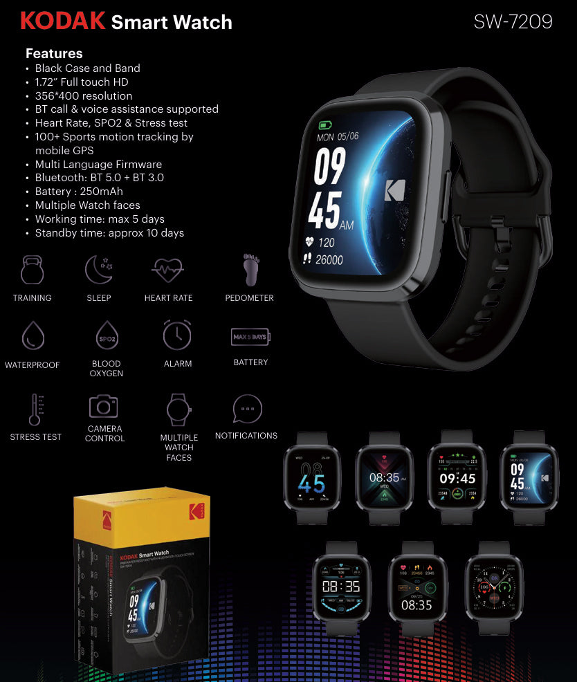 KODAK SW-7209 Smart Watch IP68, Bluetooth 5.3, 1.72" HD Full Touch Display, 250mAh Max 5 Days Battery Life, Mobile GPS, Health Monitoring, Multiple Watch Faces