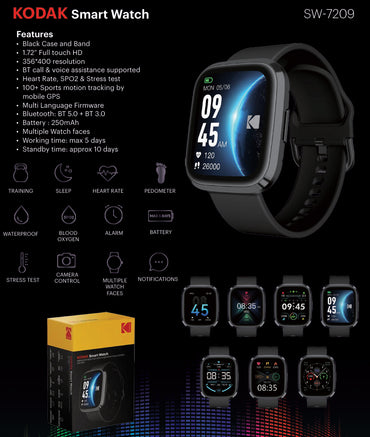 KODAK SW-7209 Smart Watch IP68, Bluetooth 5.3, 1.72" HD Full Touch Display, 250mAh Max 5 Days Battery Life, Mobile GPS, Health Monitoring, Multiple Watch Faces