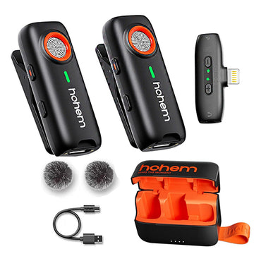 Hohem MIC-01 2TX + 1RX Wireless Lavalier Microphone + Charging Case with 2-Person Clip-On Mic Transmitter and Lightning Receiver (MFi Certified) for iPhone - Omnidirectiol Pickup, DSP Noise Cancellation, and TF Card Backup Storage