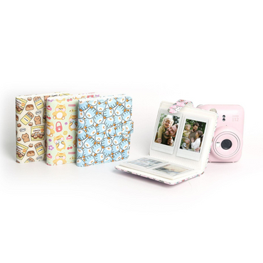 Pikxi 64 Pockets Cute Animal Prints Leather Photo Album with Slip Strap Closure for FUJIFILM Instax Mini Instant Film Camera - Available in Strawberry Rabbit, Sweet Cat, Blue Bear, Baby Penguin, Snack Bear Designs