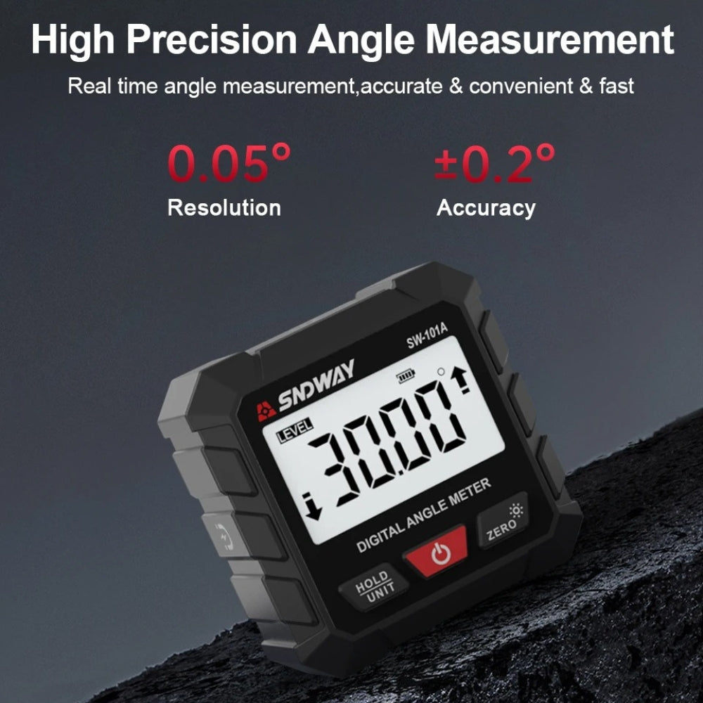 SNDWAY Digital Angle Magnetic Clinometer with 4 Directions 90-Degree Measurement Range, Full View LCD Display, Automatic Screen Rotation, and Built in Rechargeable Lithium Battery for Industrial & Home Improvements | SW-101A