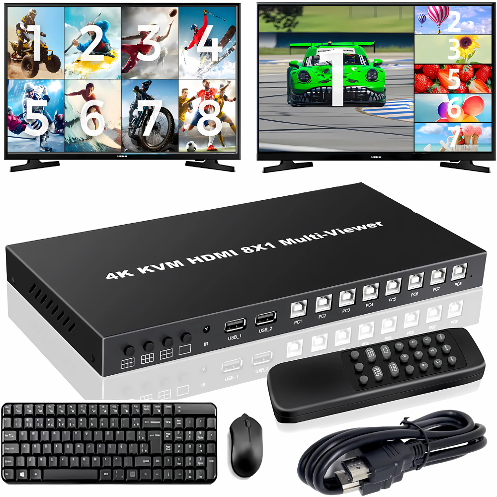 ArgoX HDSW8-V1 4K HD HDMI 8x1 KVM Multi-Viewer Seamless Switcher with 4 HDMI In 4 HDMI Out, 8 USB-A Ports for Keyboard and Mouse Sharing, Supports IR Remote Control, RS-232 Command, Audio and Video Mode Switching, AWG26 HDMI Cable Standard