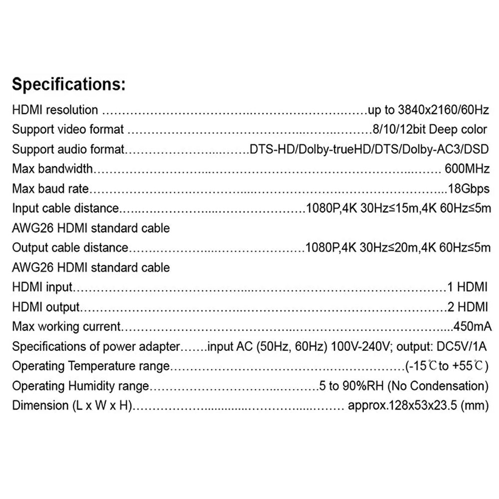 Argox HDMI Splitter 1x2 with Audio, 4K 60Hz, 1 DC/5V, 1 R/L, 1 Optical, 1 HDMI Input, & 2 HDMI Output with LED Indicator for TV Store, Teaching, Market Advertisement