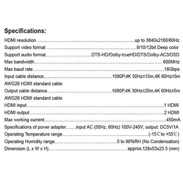 Argox HDMI Splitter 1x2 with Audio, 4K 60Hz, 1 DC/5V, 1 R/L, 1 Optical, 1 HDMI Input, & 2 HDMI Output with LED Indicator for TV Store, Teaching, Market Advertisement