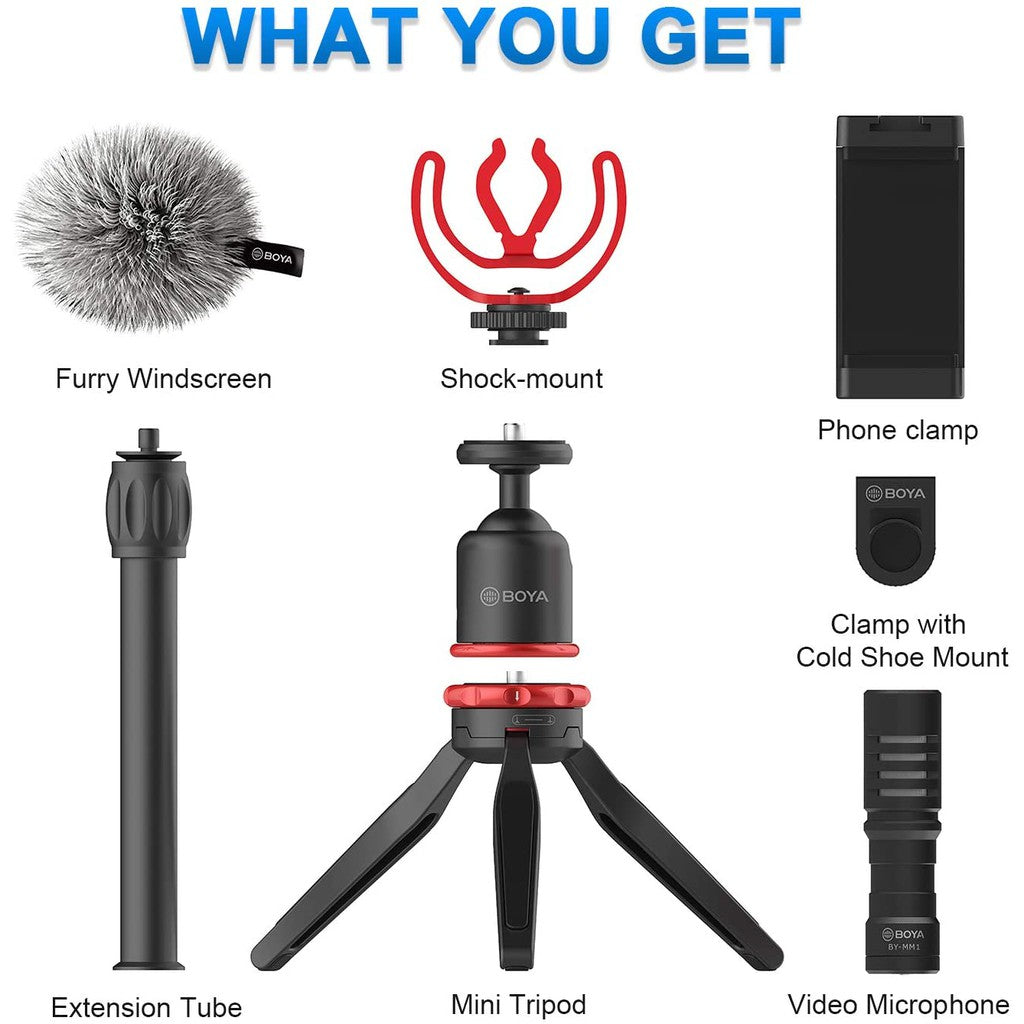 Boya BY-VG330 Vlogger Kit Video Rig with Microphone, Mini Tripod Extension Tube Ball Head and Phone Holder Clamp