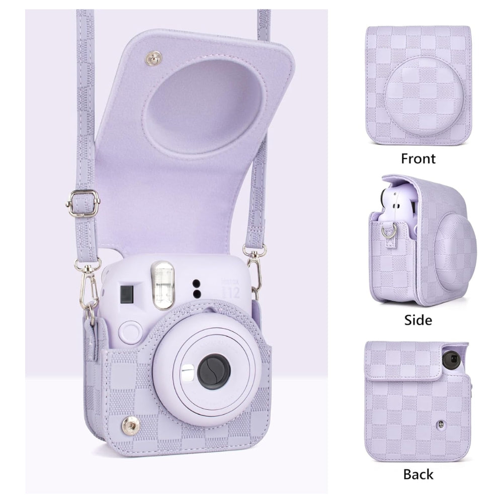 Pikxi BMS12 Fujifilm Instax Mini 12 PU Checkered Style Silicone Rubber Protective Camera Case Bag with Shoulder Strap - Clay White