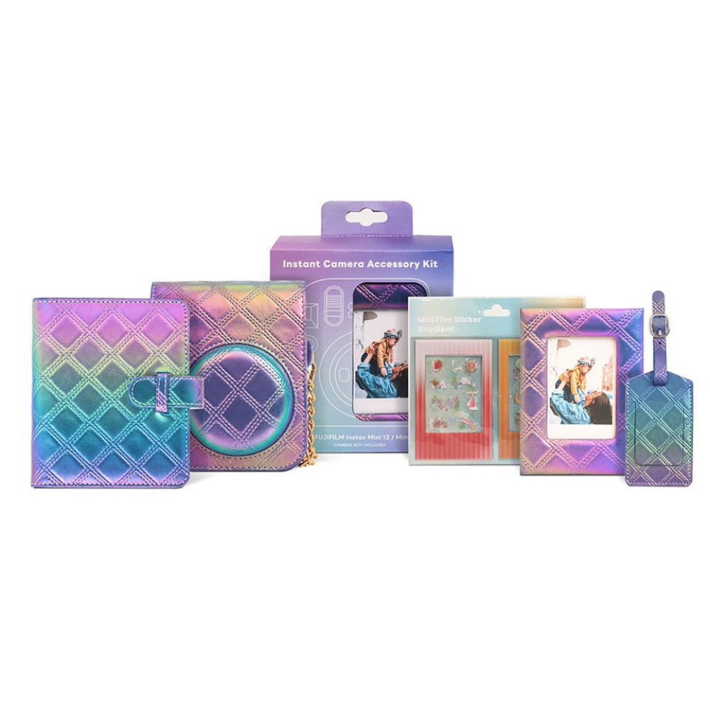 Pikxi 5-in-1 FUJIFILM Instax Mini 12 / 11 Metallic Ombre Instant Camera Case Bundle with Photo Album, Compact Frame, Bag Tag and 10pcs Film Sticker Set