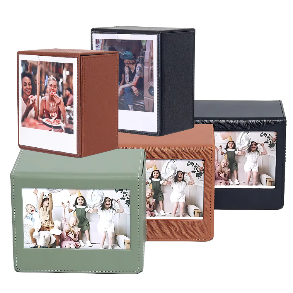 Pikxi PU Leather Photo Storage Pocket Box for FUJIFILM Instax Wide Films with Maximum 50 Slots Capacity & PVC Front Display | Black Brown Green
