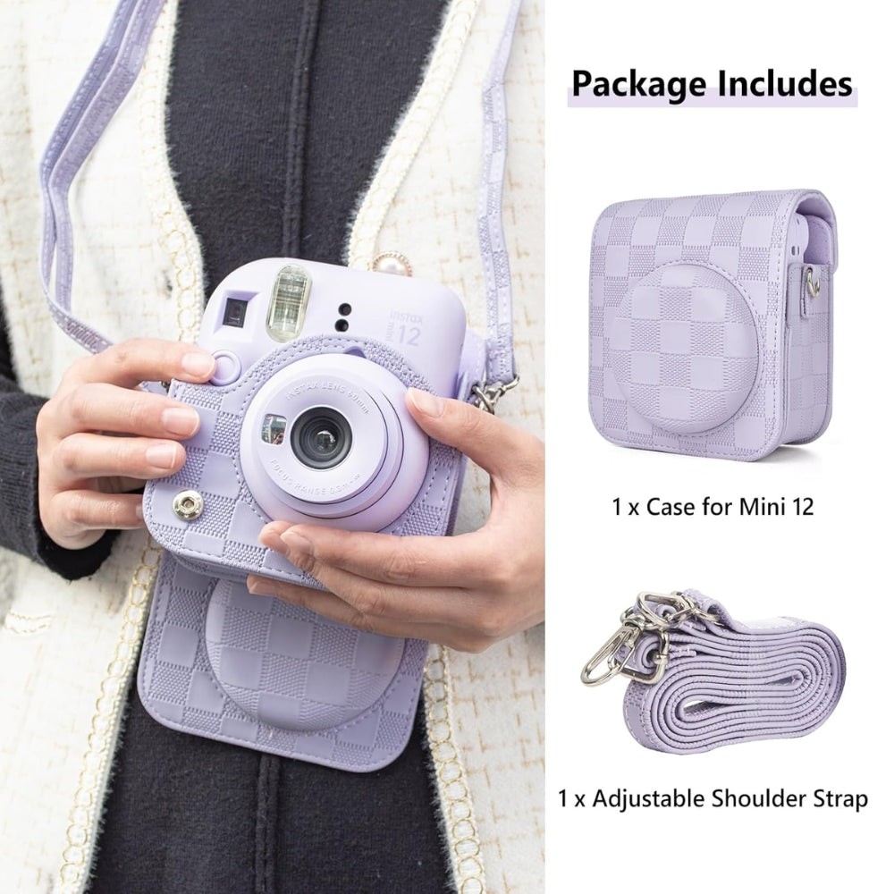 Pikxi BMS12 Fujifilm Instax Mini 12 PU Checkered Style Silicone Rubber Protective Camera Case Bag with Shoulder Strap - Clay White