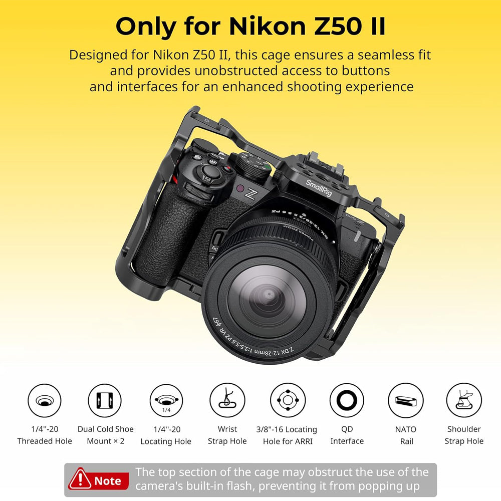 SmallRig Formfitting Aluminum Alloy Camera Cage for Nikon Z50 II Mirrorless Camera with Integrated Arca-Type Base, TO Rail, Shoe Mount, Strap Slots, QD Socket and 1/4"-20, 3/8"-16 Accessory Threads
