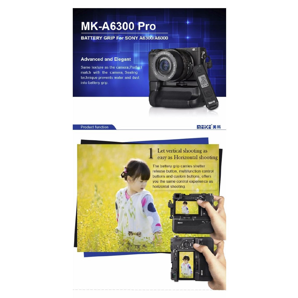 Meike MK-A6300 Professiol Battery Grip with 2.4GHz Wireless Remote Control for Sony A6300, A6000 Mirrorless Cameras, Compatible for NP-FW50 Battery