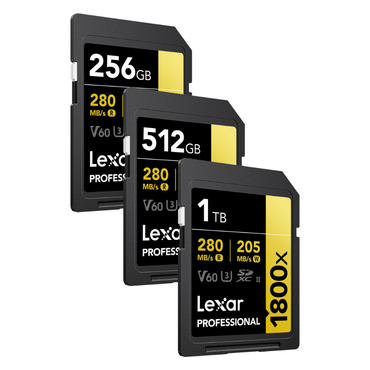 Lexar Professional 1800x SDXC V60 U3 UHS-II GOLD Series 280MB/s Read, 205MB/s Write | 1TB / 512GB / 256GB