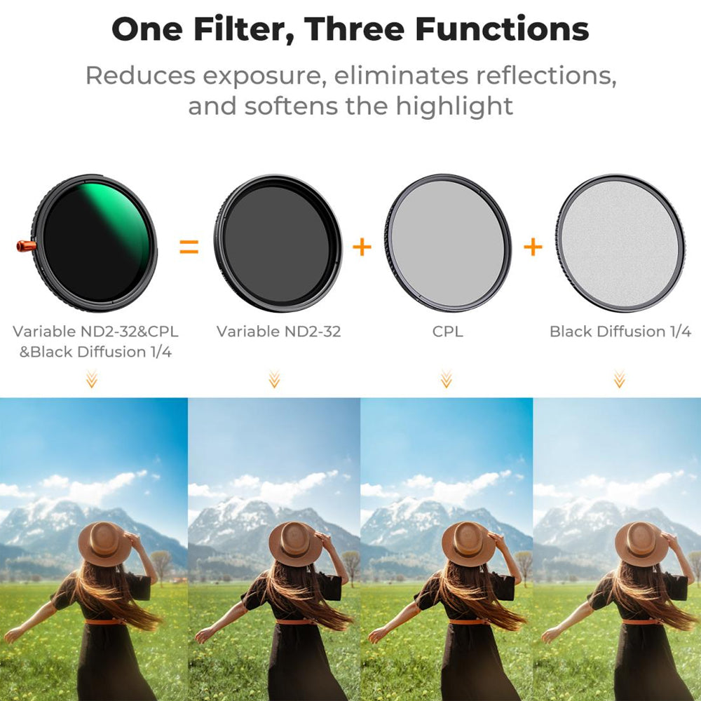 K&F Concept no-X Series 3-in-1 ND2-32 Neutral Density + CPL Circular Polarizer + 1/4 Black Diffusion Mist Lens Filter with 1 to 5 Stops, 28 Multi Layer Coated AGC Optical Glass, Water, Dust and Scratch Resistant