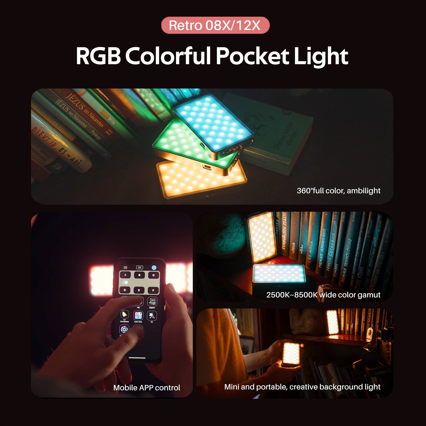 Viltrox RETRO 12X RGB Pocket LED Fill Light 2500-8500K with 26 Lighting Effects, Mobile App Control & Powerbank Mode for Smartphones & Digital Camera Photography
