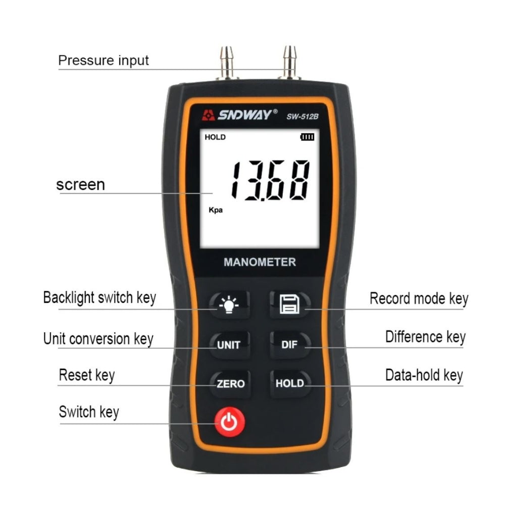 SNDWAY Digital Manometer Air Pressure Gauge with +39.99 kPA Measurement Range, LCD Display, Multi-Unit Switching and 3.18mm Pressure Connection | SW-512B