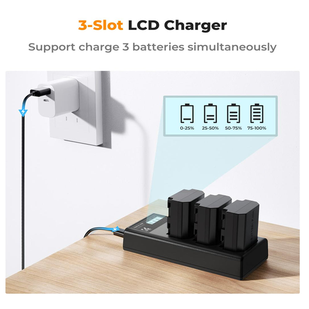 K&F Concept NP-FZ100 (3-Pack) 2280mAh Rechargeable Camera Battery and Triple Slot Charger Kit with USB Type-C / Micro B Input Fast Charging for Sony Alpha A7 III, A7R III (A7R3), A9, a6600, a7R IV, Alpha a9 II, Alpha 9R (A9R), Alpha 9S (A9S)