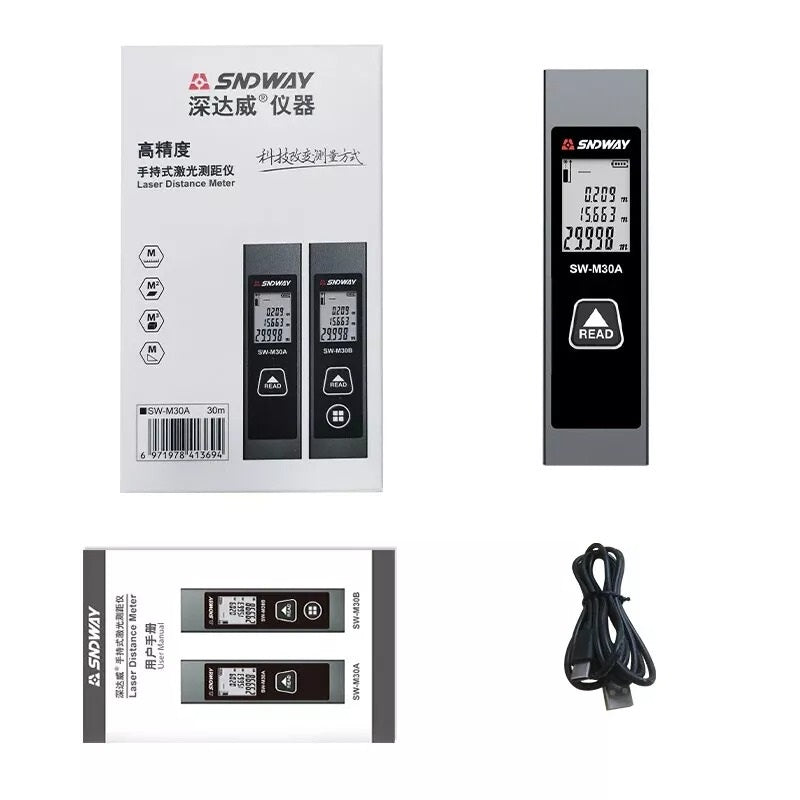 SNDWAY Mini Rechargeable Laser Distance Meter with 30 Meters Measurement Range, Class II Smart Laser, LCD Display and Self Calibration for Industrial & Home Improvements | SW-M30