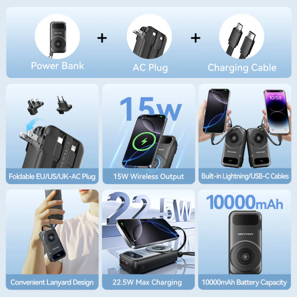 Vention 10000mAh Power Bank 15W Magnetic Wireless Charging Built-in USB-C and iPh Cable includes EU/US/UK AC Convertible Adapters with Airline-Approved for Travel