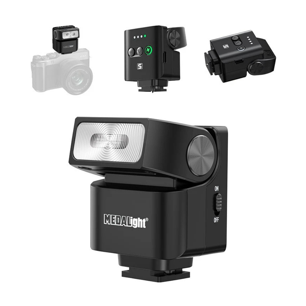 MEDALIGHT F2S Mini Camera Flash, Lightweight Wireless Off-Camera Speedlite for Canon, Sony, Nikon, Fuji, Ricoh, Leica & Other DSLR Cameras with 2.4GHz Remote, Hot Shoe Mount, Pivoting Angle, Li-Ion Battery & USB-C Charging for Photography