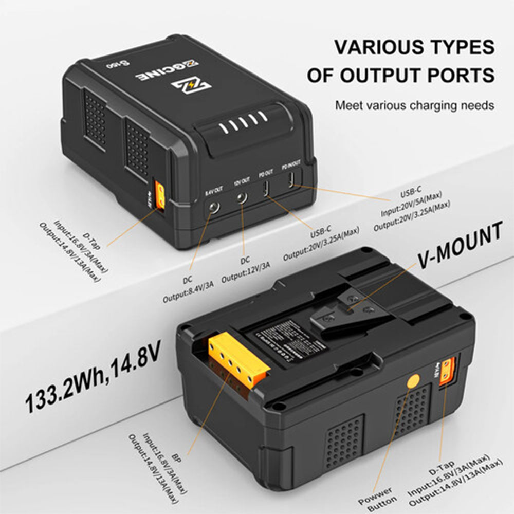 ZGCINE ZG-S150 133Wh / ZG-S95 95Wh V-Mount Battery with Dual USB-C PD Ports 100W Fast Charging, 2 D-Tap and Barrel DC Outputs, 5-Level LED Indicator, Compact Power Hub for Mobile Phones, Cameras, LED Lights, Monitors and Video Production