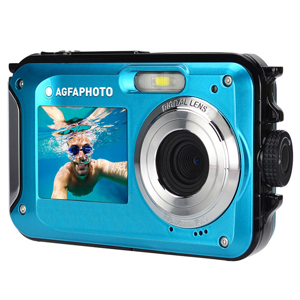 AGFAPHOTO Realishot (WP8000) 24MP Waterproof Digital Camera with CMOS Sensor, 2.7K Video, 16x Zoom, Dual 1.8" Front / 2.7" Rear Screen, 3m / 10Ft Max Depth Resistance Max 128GB Memory Storage Support for Underwater Photo Video | Blue, Red