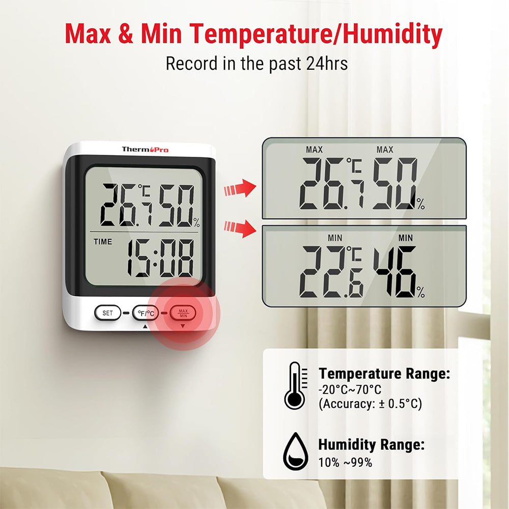 ThermoPro TP152 Indoor Hygrometer & Thermometer with Clock, Accurate Temperature & Humidity Monitor, Large LCD Display, Max/Min Records, for Living Room, Kitchen, Home, Office, Greenhouse, Baby Room and Wine Cellar