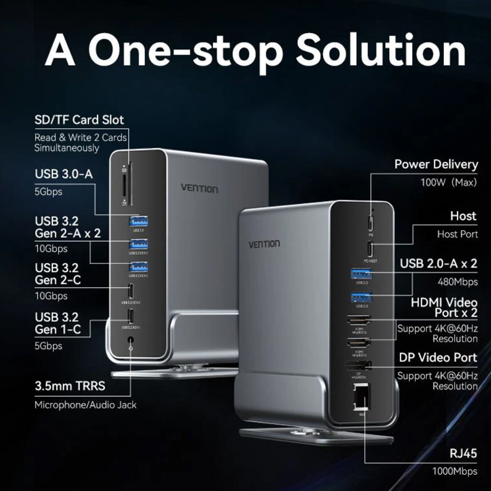 Vention 15-in-1 USB-C MST Multi-Interface Docking Station with 4K 60Hz DP HDMI Video Port, 10Gpbs 5Gbps USB Hub, SD TF Memory Card Reader, PD 100W Type C Charging Dock, and 3.5mm TRRS Microphone & Headphone Jack for Computers & Laptops