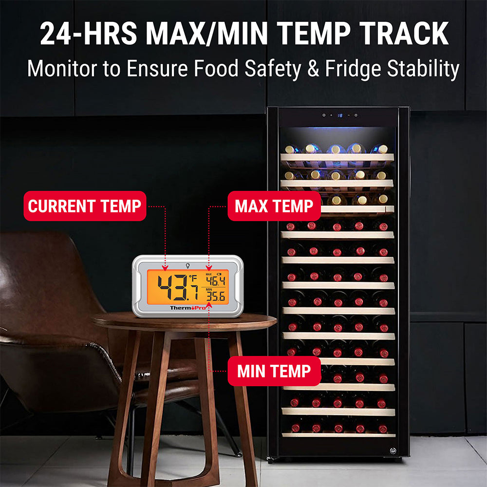 ThermoPro TP110 Digital Fridge Thermometer Waterproof, High Accuracy with Backlit Display, Max/Min Records & Magnetic Mount for Freezer, Refrigerator, Cooler and Home Use