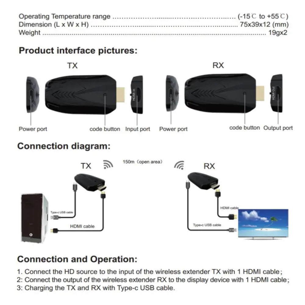 Argox 150m HDMI Wireless Extender with 1080p 60Hz, Stereo Audio, 148.5MHz of Bandwidth, 1.485Gbps of Baud Rate, 5G Frequency, and HDCP 1.3 for Home Entertainment, Digital Signage, Conference & Presentations