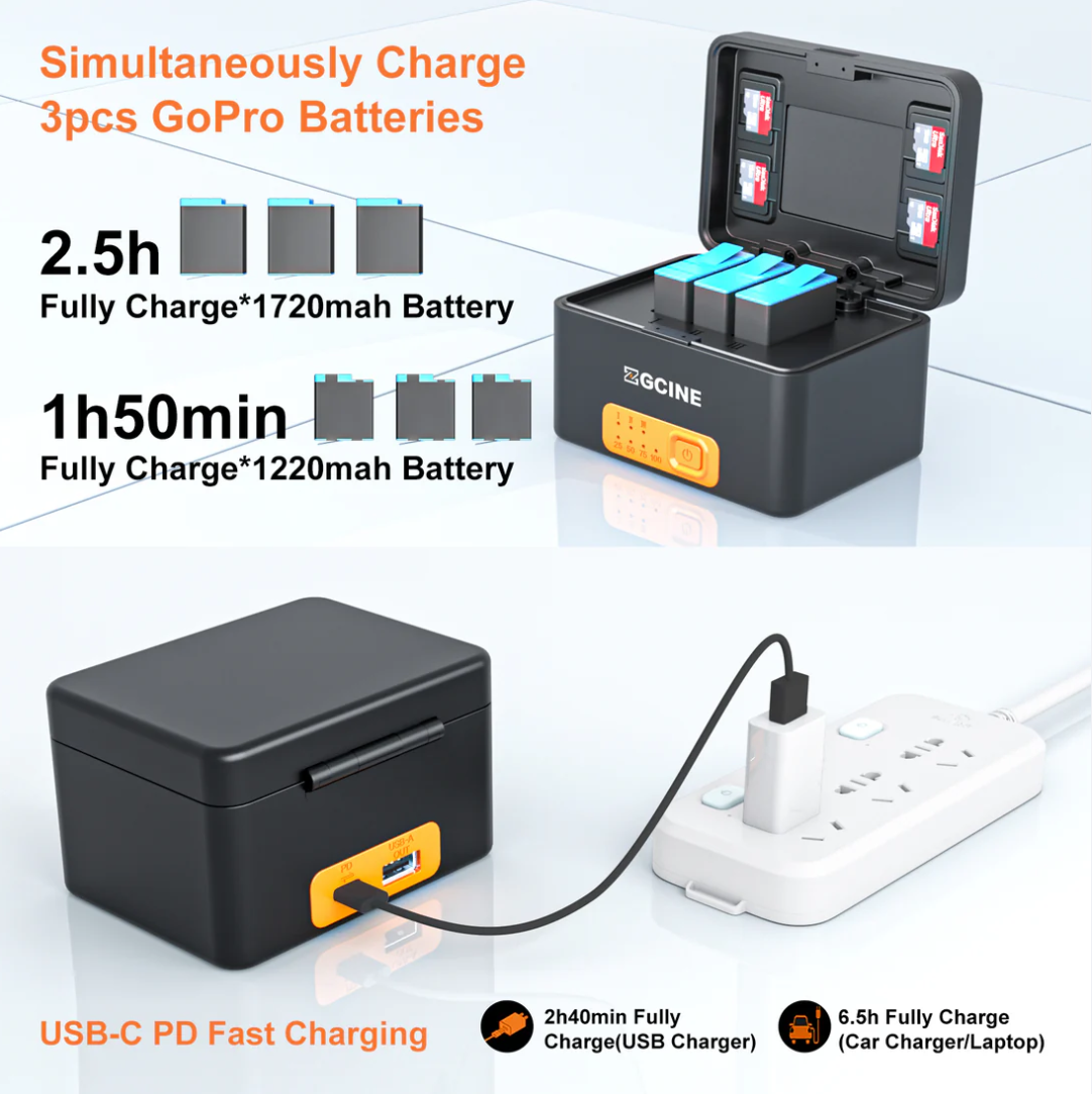 ZGCINE PS-G10 / PS-G10 Kit 3 Battery Charging Case with 3 1800mAh Batteries for GoPro HERO 10/9/8/7/6/5, 10,400mAh Power Bank with USB-C Input/Output, 3-Slot Charger & 4 MicroSD Card Storage – Portable Charger for GoPro Action Cameras