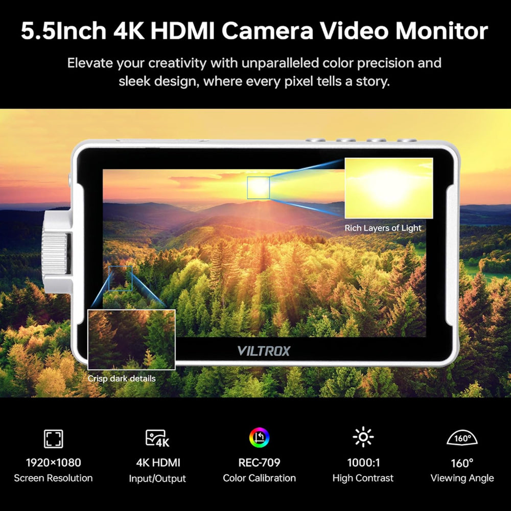 Viltrox DC-V1 5.5" On-Camera IPS Touchscreen Video Camera Monitor with 4K 60Hz, 1920 x 1080 Resolution, HDMI Input / Output, 3D LUTs, USB Type-C Power, Built-in Magement Tools and L-Series Battery for Content Creation