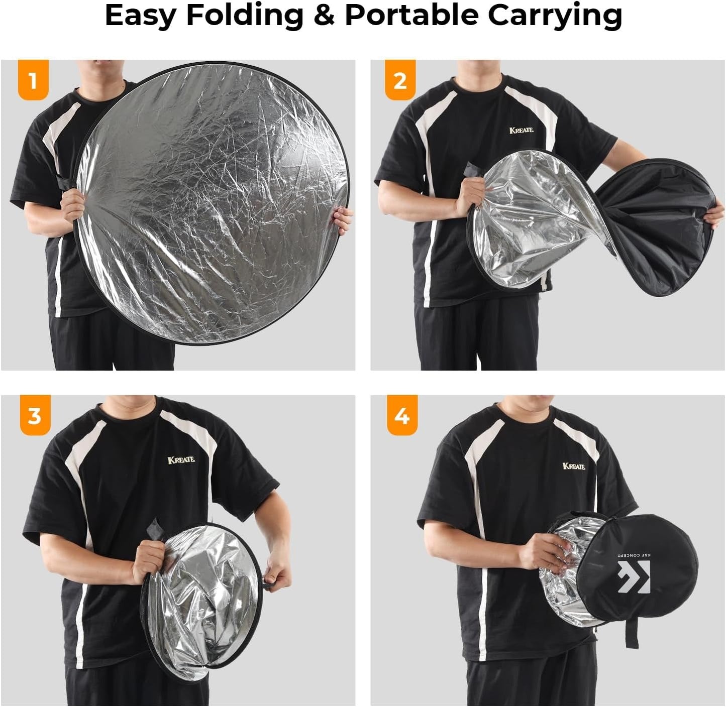 K&F Concept 110cm / 80cm / 60cm / 56cm 5-in-1 Collapsible Photography Circular Reflector with White Translucent Soft Light and Silver, Black, Gold Sided Panel for Portable Outdoor and Indoor Digital Camera Photo Shoot