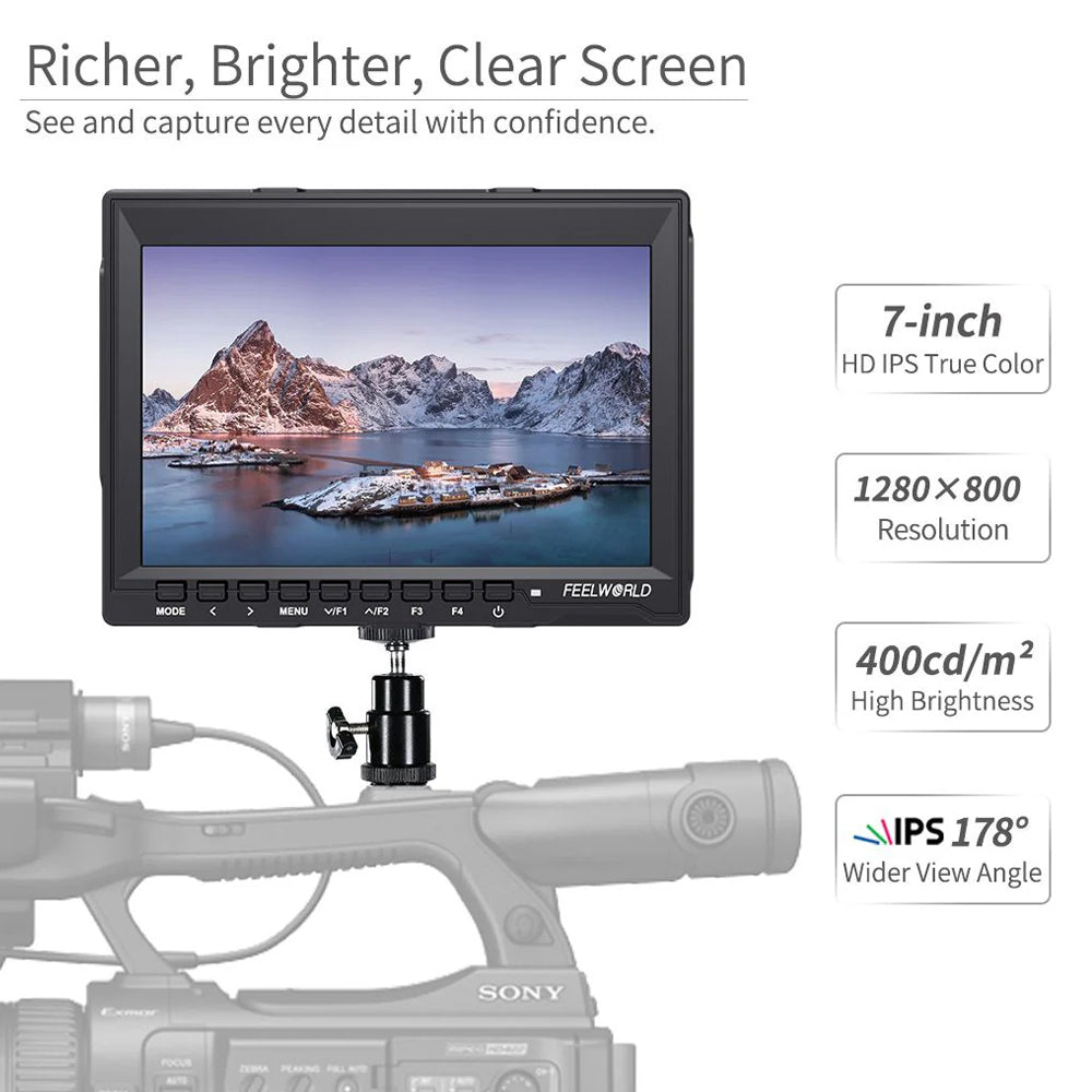 FEELWORLD FW759 7" IPS On Camera Field LCD Video Monitor with 4K HDMI AV Input / Output, 400Nits Brightness, Video Assist Functions, F970 Battery Plate Mount Input Power